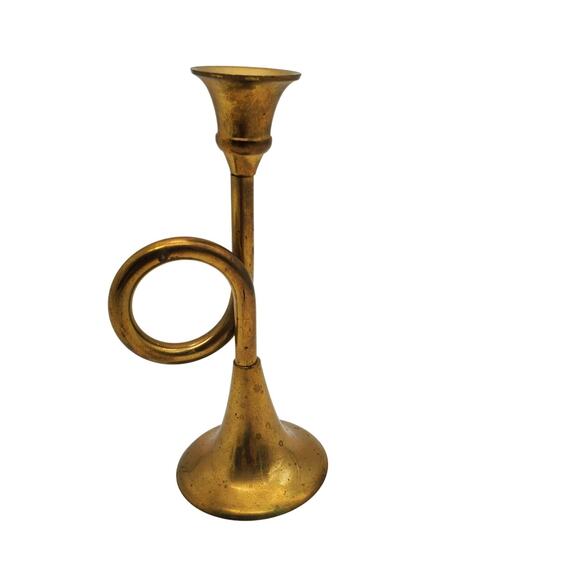 Brass Horn Candle Holder Trumpet Bugle Musical Instrument Home Decor Candlestick - Picture 3 of 6